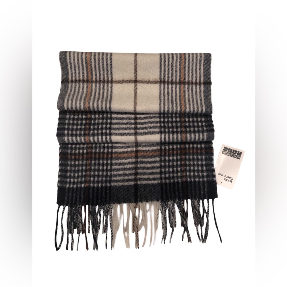 NWT Nordstrom 100% Cashmere Men's Beige, Cream Gray Plaid Fringe Scarf
